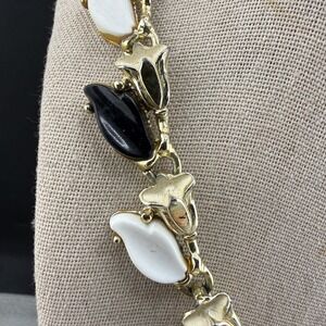 Vintage Estate Necklace Black White Leaf Floral Gold Tone Link 16in
